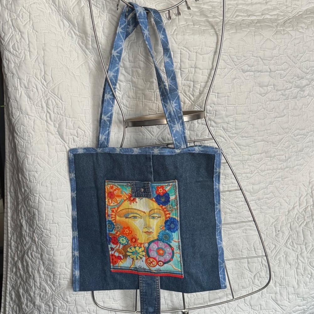 Handmade Upcycled Denim Tote Bag Sun Face Boho Foldable Shopper Blue
